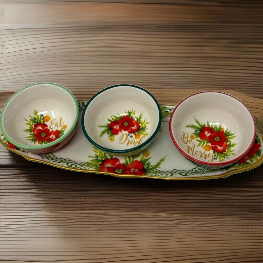 Pioneer Woman Eat Drink Be Merry Ceramic Condiment Set (3 Bowls/Tray)
